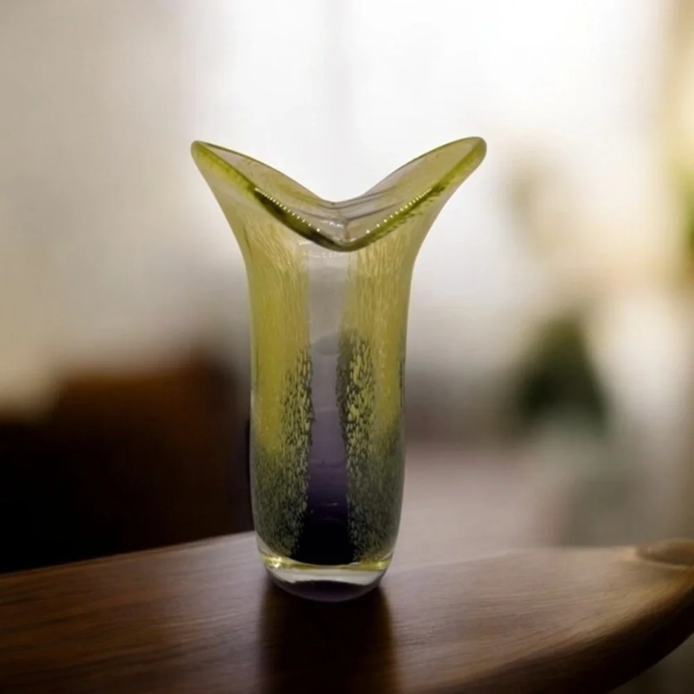Teleflora Speckled Art Glass Vase Purple Green Flared Lip Hand Blown 8 Inch